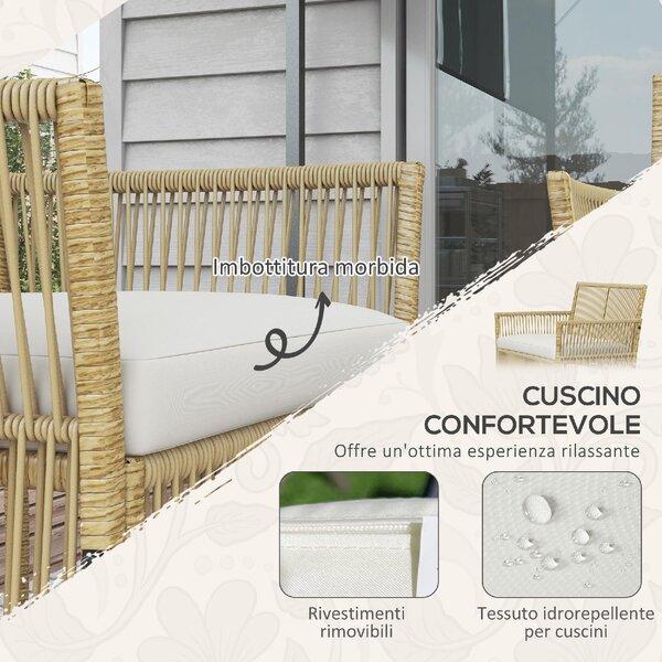 VivaGarden Salotto da Giardino con Divano 2 Posti 2 Poltrone e Tavolino con Cuscini in Rattan PE colore Legno Naturale