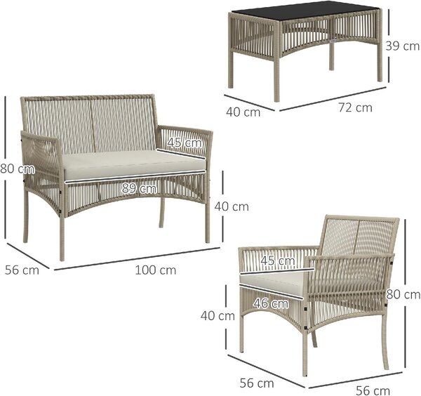 VivaGarden Salotto da Giardino con Divano 2 Posti 2 Poltrone e Tavolino con Cuscini in Rattan PE colore Kaki/Nero