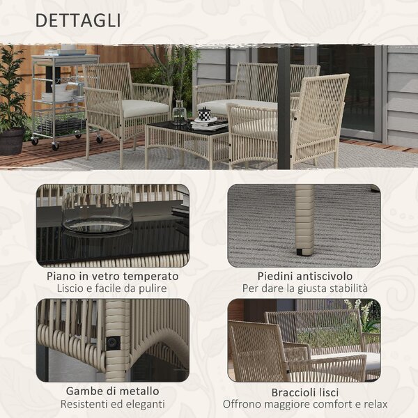 VivaGarden Salotto da Giardino con Divano 2 Posti 2 Poltrone e Tavolino con Cuscini in Rattan PE colore Kaki/Nero
