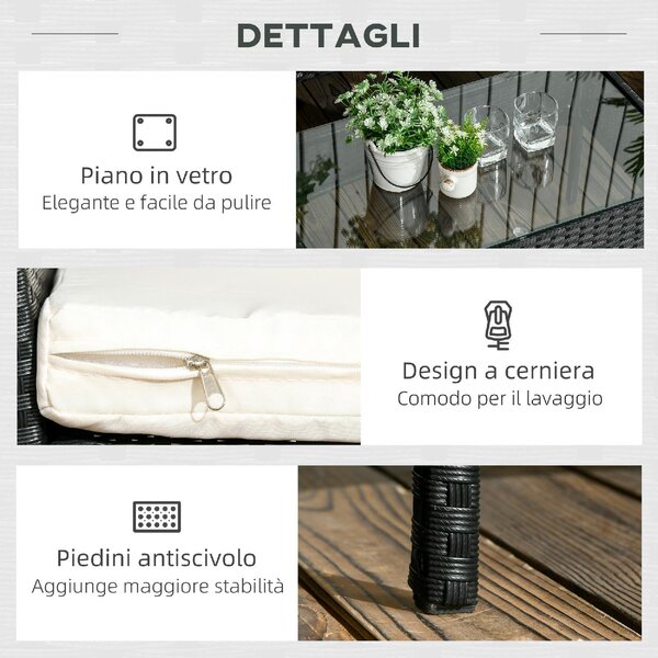 VivaGarden Salotto da Giardino con Divano 2 Posti 2 Poltrone e Tavolino con Cuscini in Rattan PE colore Nero