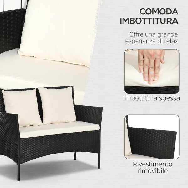 VivaGarden Salotto da Giardino con Divano 2 Posti 2 Poltrone e Tavolino con Cuscini in Rattan PE colore Nero