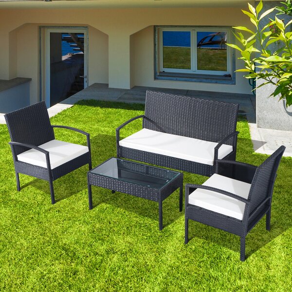 VivaGarden Salotto da Giardino con Divano 2 Posti 2 Poltrone e Tavolino con Cuscini in Rattan PE colore Nero