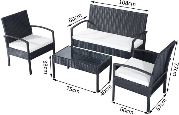 VivaGarden Salotto da Giardino con Divano 2 Posti 2 Poltrone e Tavolino con Cuscini in Rattan PE colore Nero