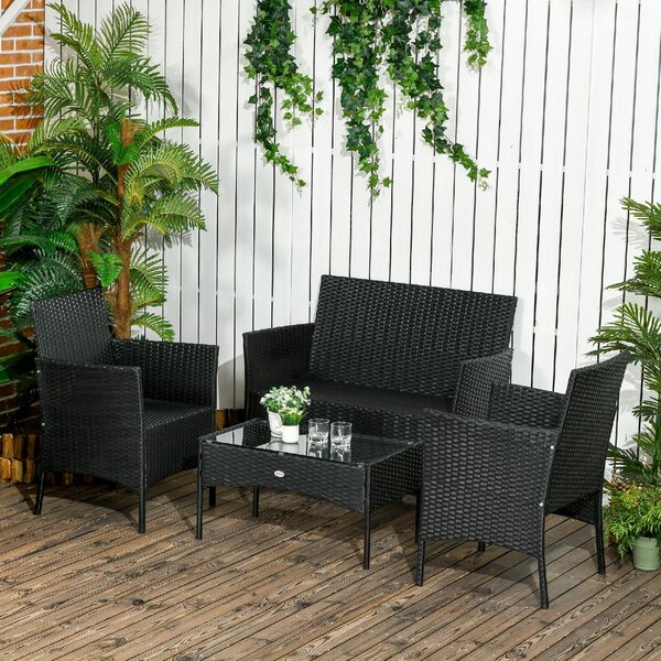 VivaGarden Salotto da Giardino con Divano 2 Posti 2 Poltrone e Tavolino con Cuscini in Rattan PE colore Nero