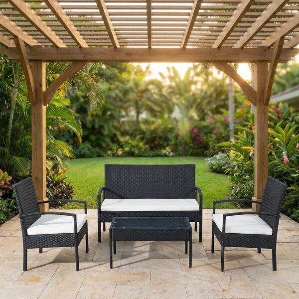 VivaGarden Salotto da Giardino con Divano 2 Posti 2 Poltrone e Tavolino con Cuscini in Rattan PE colore Nero