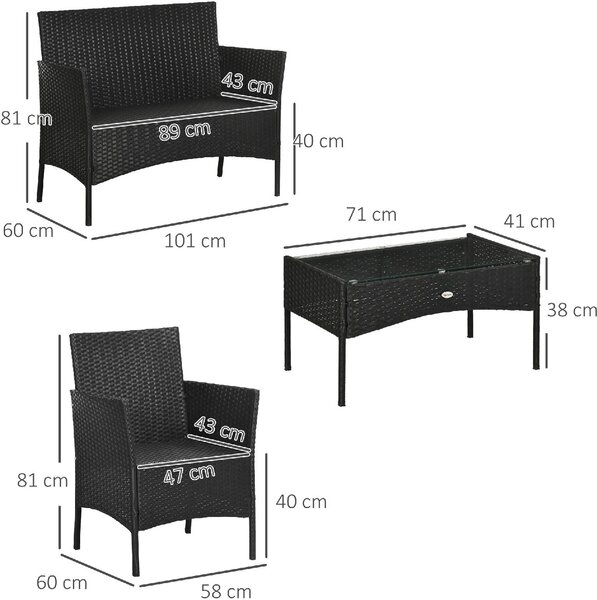 VivaGarden Salotto da Giardino con Divano 2 Posti 2 Poltrone e Tavolino con Cuscini in Rattan PE colore Nero