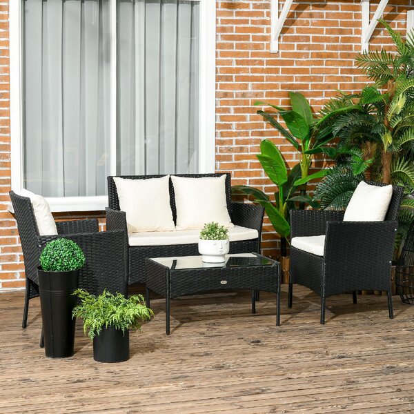 VivaGarden Salotto da Giardino con Divano 2 Posti 2 Poltrone e Tavolino con Cuscini in Rattan PE colore Nero