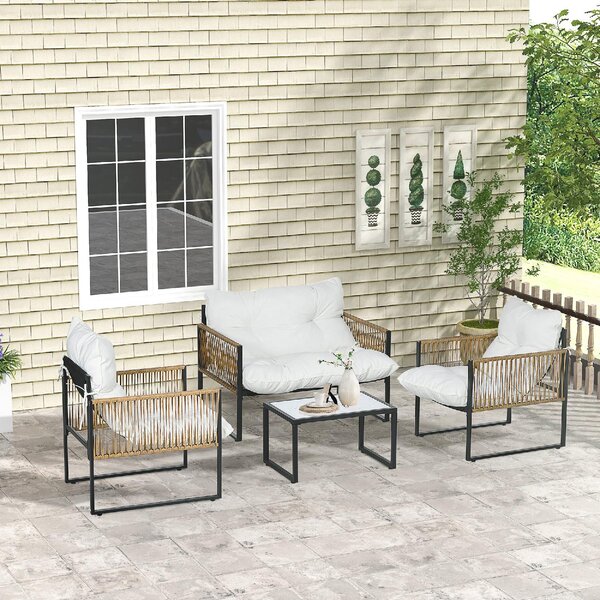 VivaGarden Salotto da Giardino con Divano 2 Posti 2 Poltrone e Tavolino con Cuscini in Rattan PE colore Nero, Marrone e Crema
