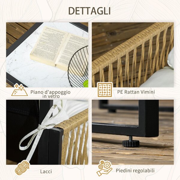 VivaGarden Salotto da Giardino con Divano 2 Posti 2 Poltrone e Tavolino con Cuscini in Rattan PE colore Nero, Marrone e Crema