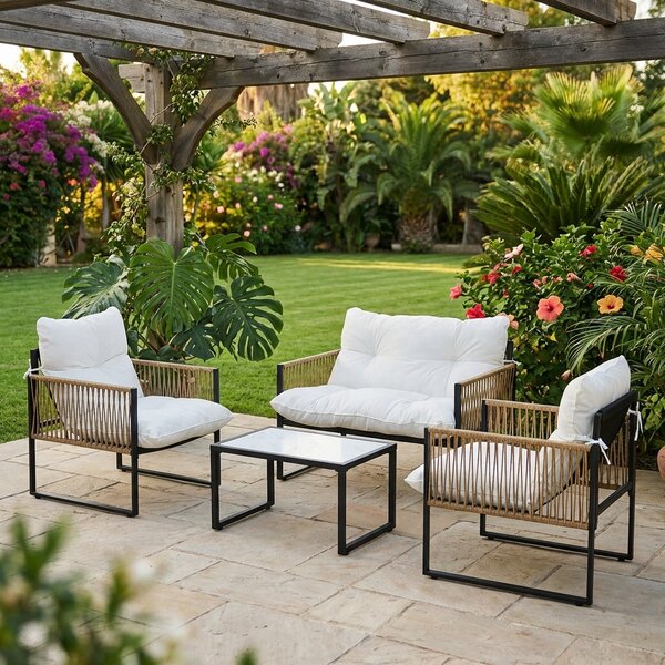 VivaGarden Salotto da Giardino con Divano 2 Posti 2 Poltrone e Tavolino con Cuscini in Rattan PE colore Nero, Marrone e Crema
