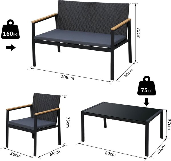 VivaGarden Salotto da Giardino con Divano 2 Posti 2 Poltrone e Tavolino con Cuscini in Rattan PE colore Nero/Grigio