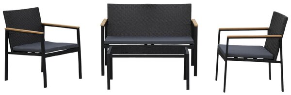 VivaGarden Salotto da Giardino con Divano 2 Posti 2 Poltrone e Tavolino con Cuscini in Rattan PE colore Nero/Grigio
