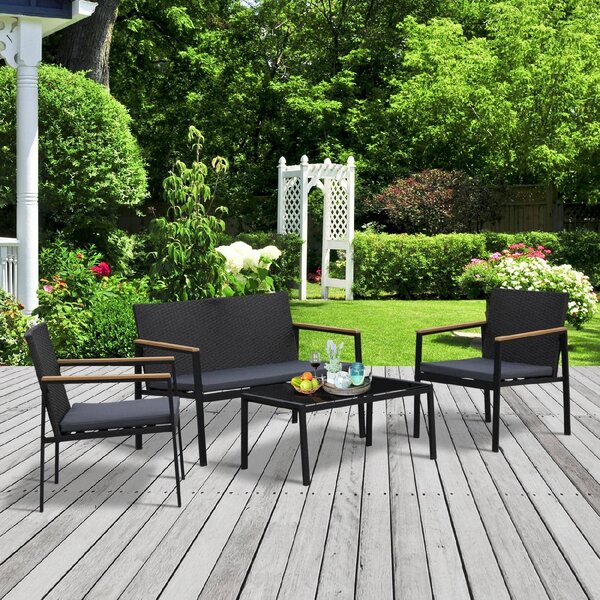 VivaGarden Salotto da Giardino con Divano 2 Posti 2 Poltrone e Tavolino con Cuscini in Rattan PE colore Nero/Grigio