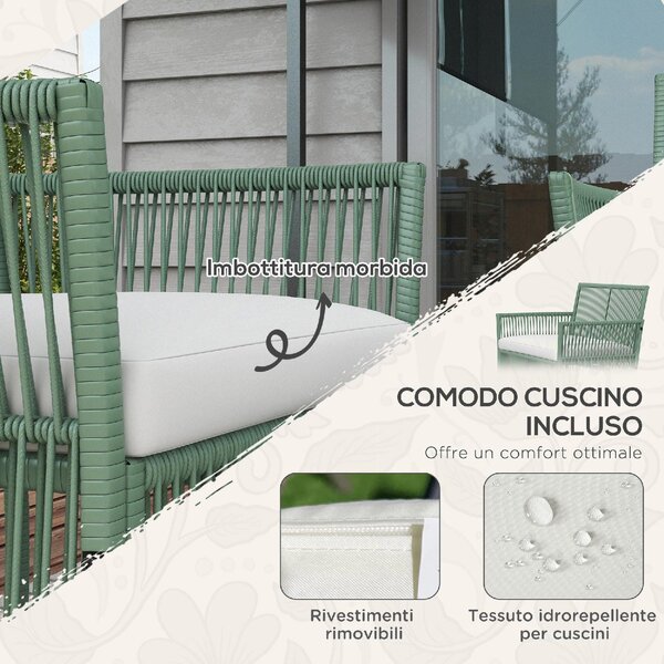 VivaGarden Salotto da Giardino con Divano 2 Posti 2 Poltrone e Tavolino con Cuscini in Rattan PE colore Verde