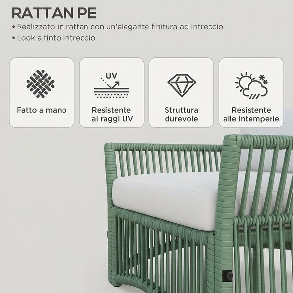 VivaGarden Salotto da Giardino con Divano 2 Posti 2 Poltrone e Tavolino con Cuscini in Rattan PE colore Verde