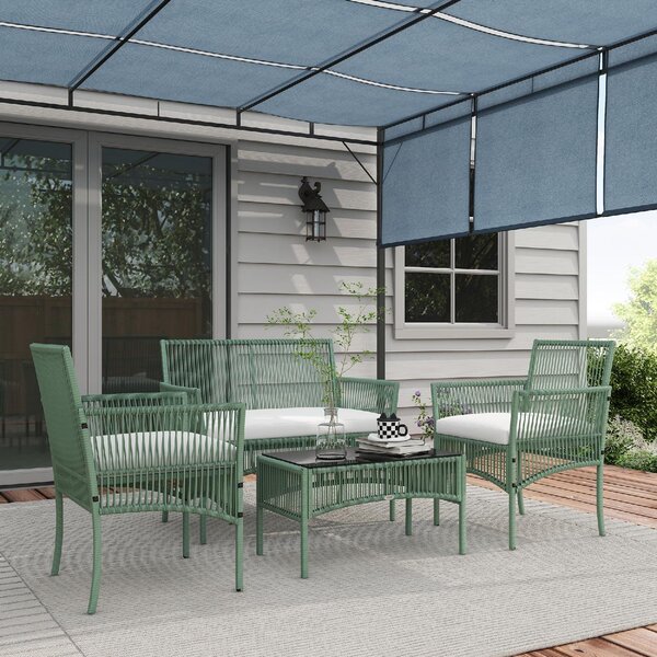VivaGarden Salotto da Giardino con Divano 2 Posti 2 Poltrone e Tavolino con Cuscini in Rattan PE colore Verde