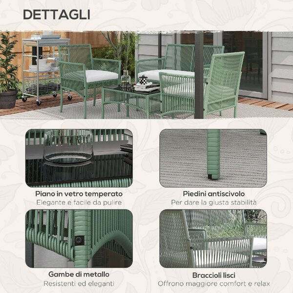 VivaGarden Salotto da Giardino con Divano 2 Posti 2 Poltrone e Tavolino con Cuscini in Rattan PE colore Verde
