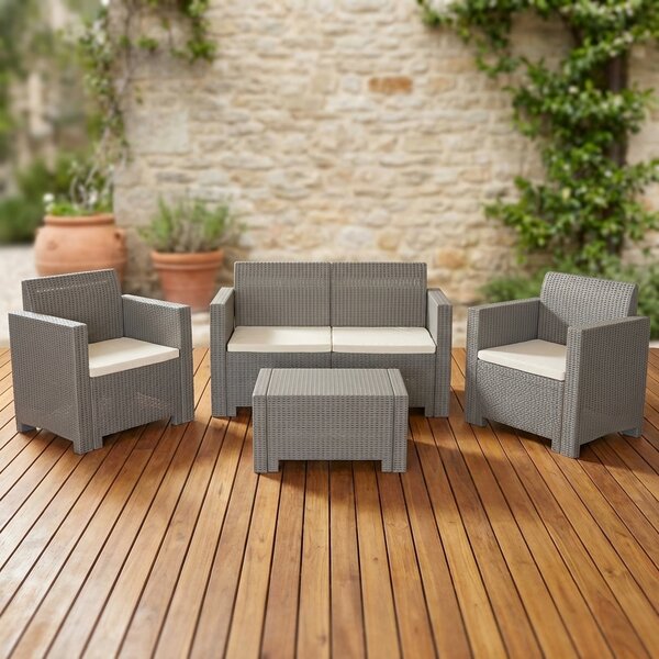 VivaGarden Salotto da Giardino con Divano 2 Posti 2 Poltrone e Tavolino con Cuscini in Rattan PE colore Tortora