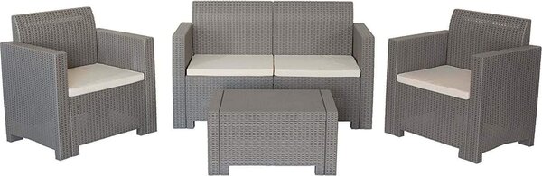 VivaGarden Salotto da Giardino con Divano 2 Posti 2 Poltrone e Tavolino con Cuscini in Rattan PE colore Tortora