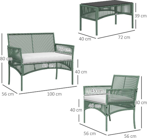 VivaGarden Salotto da Giardino con Divano 2 Posti 2 Poltrone e Tavolino con Cuscini in Rattan PE colore Verde