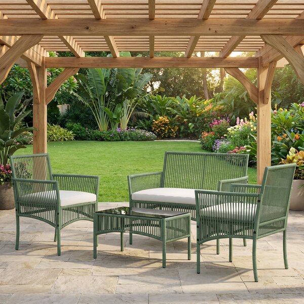 VivaGarden Salotto da Giardino con Divano 2 Posti 2 Poltrone e Tavolino con Cuscini in Rattan PE colore Verde