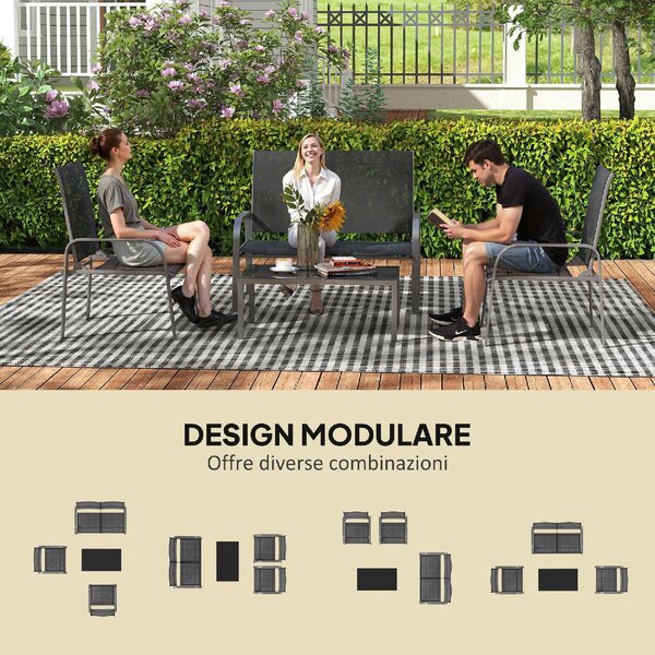 VivaGarden Salotto da Giardino con Divano 2 Posti 2 Poltrone e Tavolino in Acciaio/Textilene colore Nero