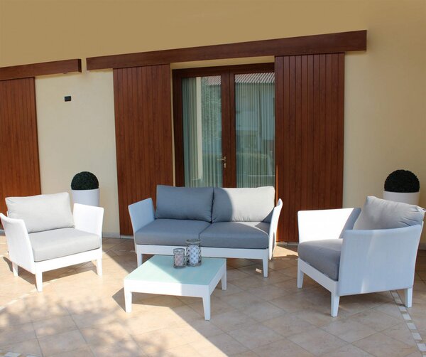 VivaGarden Salotto da Giardino con Divano 2 Posti 2 Poltrone e Tavolino con Cuscini in Textilene e Alluminio colore Bianco - Outdoor