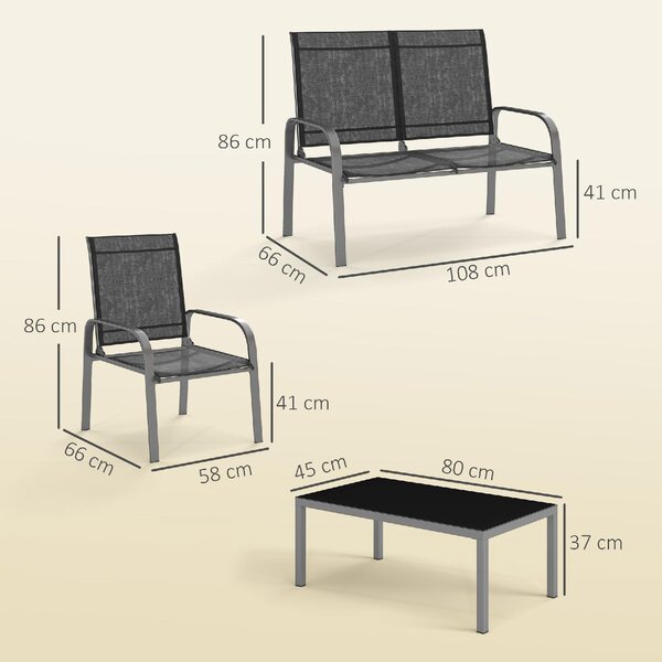 VivaGarden Salotto da Giardino con Divano 2 Posti 2 Poltrone e Tavolino in Acciaio/Textilene colore Nero