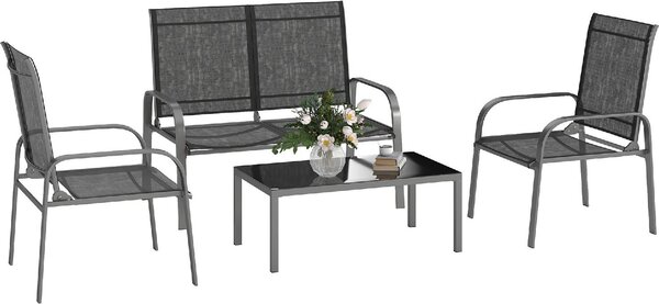 VivaGarden Salotto da Giardino con Divano 2 Posti 2 Poltrone e Tavolino in Acciaio/Textilene colore Nero