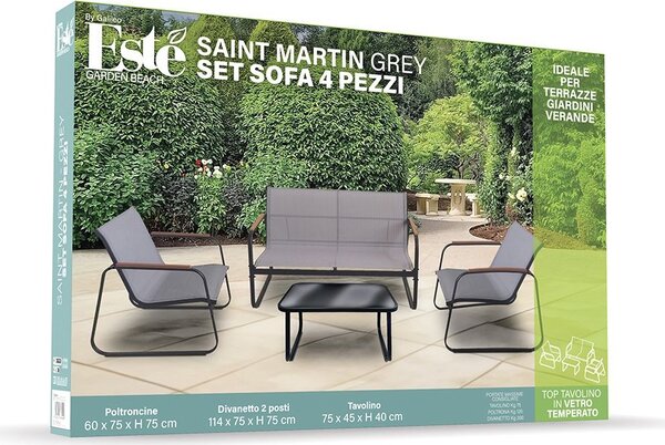 Galileo Salotto da Giardino con Divano 2 Posti 2 Poltrone e Tavolino in Acciaio al Carbonio colore Nero - Saint Martin