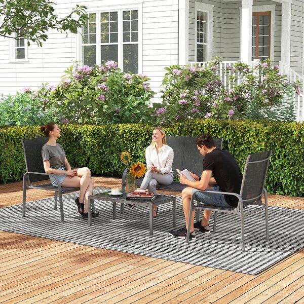 VivaGarden Salotto da Giardino con Divano 2 Posti 2 Poltrone e Tavolino in Acciaio/Textilene colore Nero