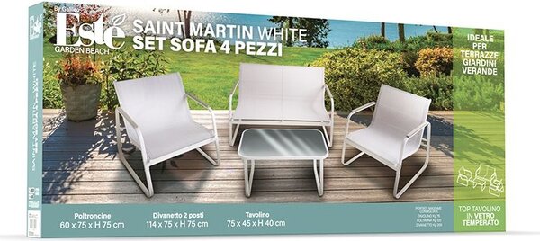 Galileo Salotto da Giardino con Divano 2 Posti 2 Poltrone e Tavolino in Acciaio al Carbonio colore Bianco - Saint Martin