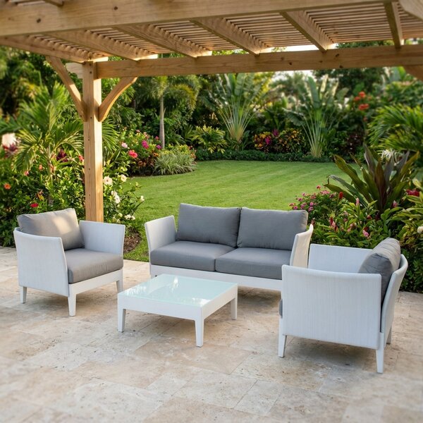 VivaGarden Salotto da Giardino con Divano 2 Posti 2 Poltrone e Tavolino con Cuscini in Textilene e Alluminio colore Bianco - Outdoor