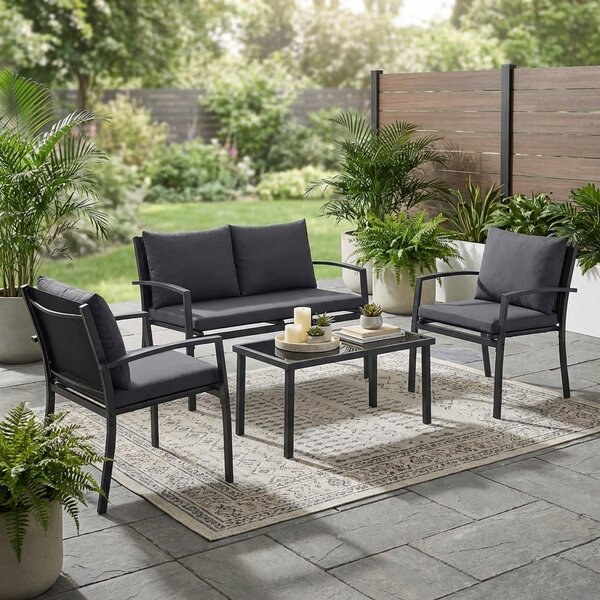 VivaGarden Salotto da Giardino con Divano 2 Posti 2 Poltrone e Tavolino in Metallo/Textilene colore Nero