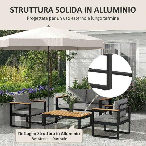 VivaGarden Salotto da Giardino con Divano 2 Posti 2 Poltrone e Tavolino in Alluminio colore Grigio