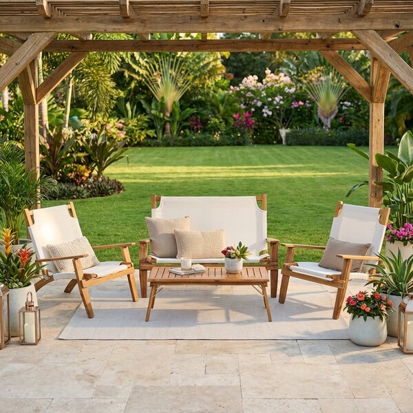 VivaGarden Salotto da Giardino con Divano 2 Posti 2 Poltrone e Tavolino in Legno di Acacia colore Sabbia - Wood Cotton Club Samba