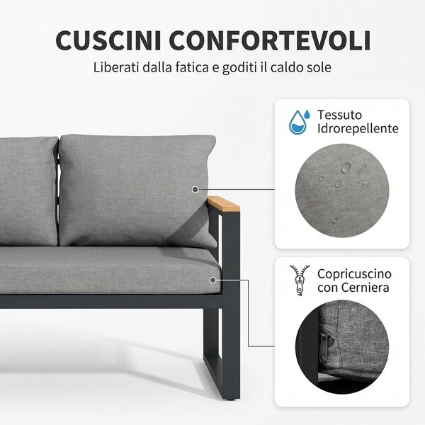 VivaGarden Salotto da Giardino con Divano 2 Posti 2 Poltrone e Tavolino in Alluminio colore Grigio