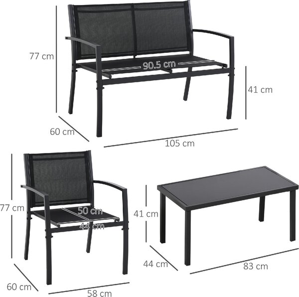 VivaGarden Salotto da Giardino con Divano 2 Posti 2 Poltrone e Tavolino in Metallo/Textilene colore Nero
