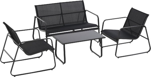 VivaGarden Salotto da Giardino con Divano 2 Posti 2 Poltrone e Tavolino in Metallo/Textilene colore Nero - Outsunny