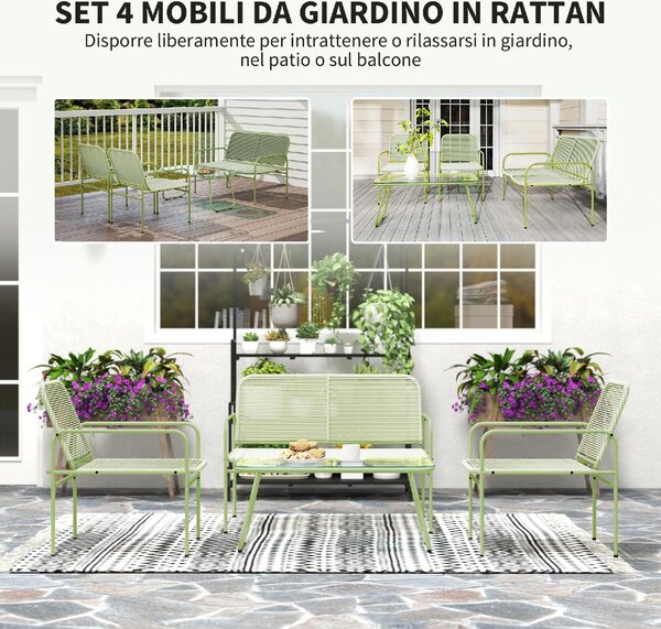 VivaGarden Salotto da Giardino con Divano 2 Posti 2 Poltrone e Tavolino in Rattan PE colore Verde