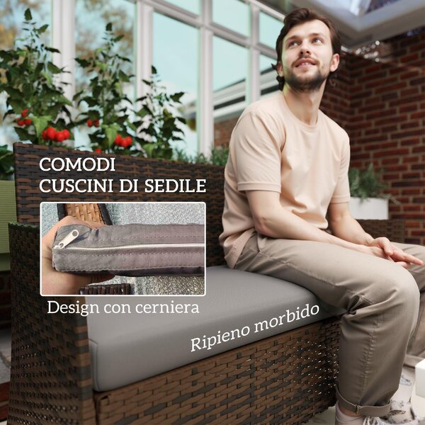 VivaGarden Salotto da Giardino con Divano 2 Posti 2 Sedie e Tavolino Basso in Rattan e Acciaio colore Grigio e Marrone