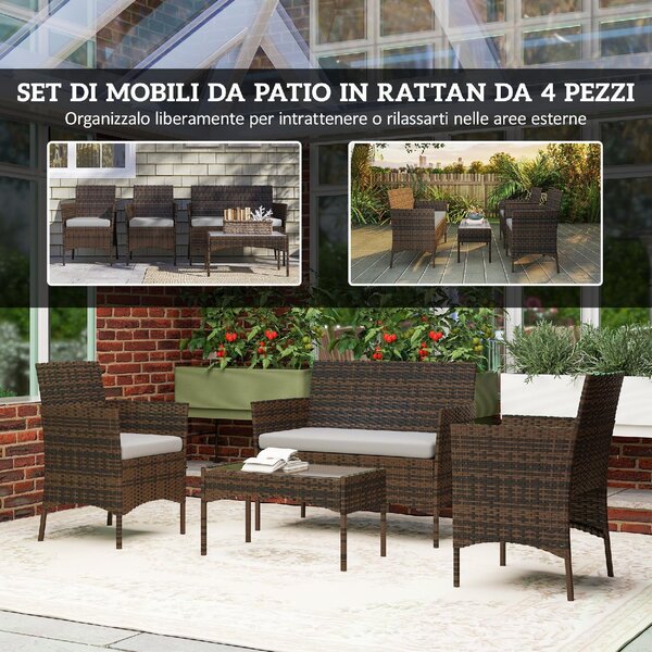 VivaGarden Salotto da Giardino con Divano 2 Posti 2 Sedie e Tavolino Basso in Rattan e Acciaio colore Grigio e Marrone