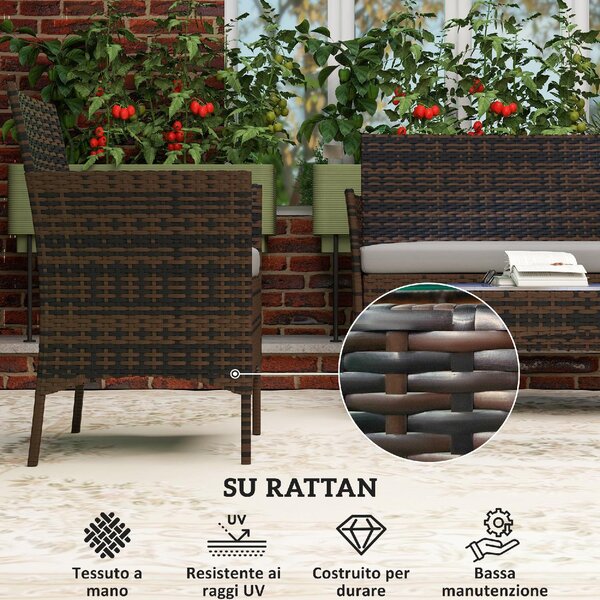VivaGarden Salotto da Giardino con Divano 2 Posti 2 Sedie e Tavolino Basso in Rattan e Acciaio colore Grigio e Marrone