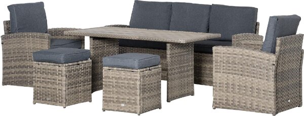 VivaGarden Salotto da Giardino con Divano 3 Posti 2 Poltrone 2 Sgabelli e Tavolino con Cuscini in Rattan PE colore Marrone