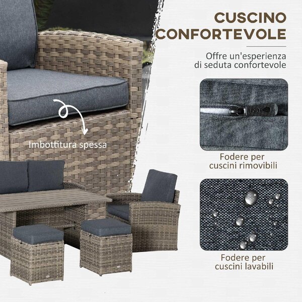 VivaGarden Salotto da Giardino con Divano 3 Posti 2 Poltrone 2 Sgabelli e Tavolino con Cuscini in Rattan PE colore Marrone
