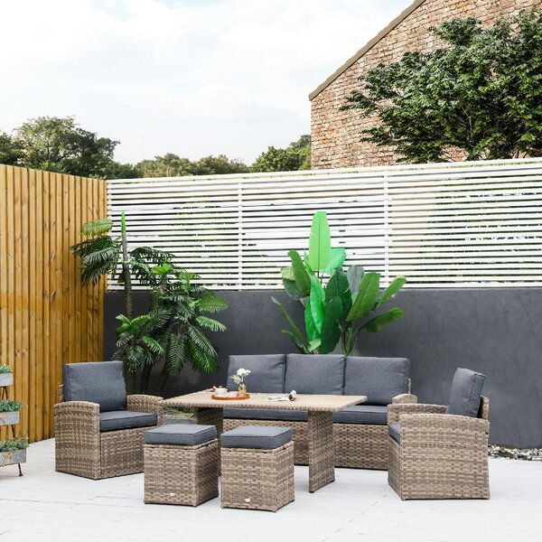 VivaGarden Salotto da Giardino con Divano 3 Posti 2 Poltrone 2 Sgabelli e Tavolino con Cuscini in Rattan PE colore Marrone
