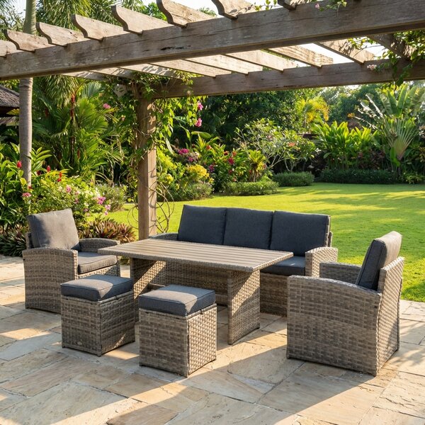 VivaGarden Salotto da Giardino con Divano 3 Posti 2 Poltrone 2 Sgabelli e Tavolino con Cuscini in Rattan PE colore Marrone