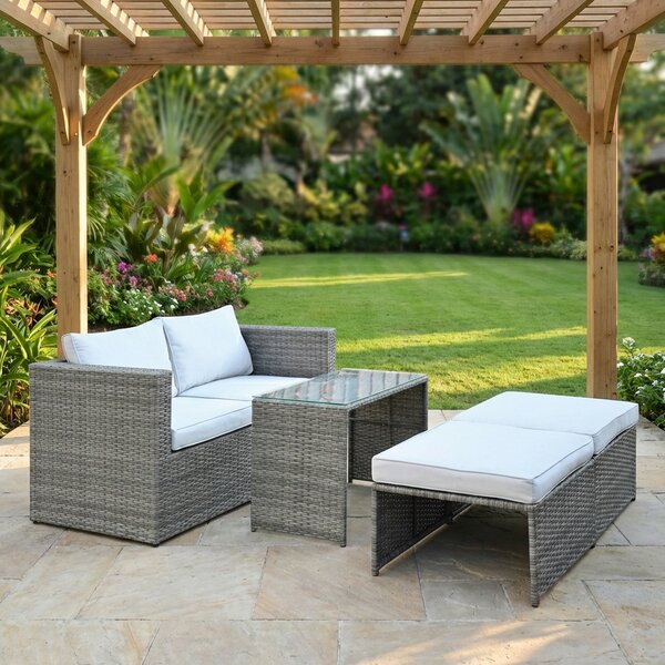 VivaGarden Salotto da Giardino con Divano 2 Posti 2 Sedute Salotto e Tavolino con Cuscini in Rattan PE colore Grigio - Combo