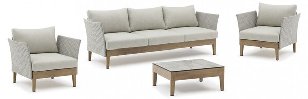 VivaGarden Salotto da Giardino con Divano 3 Posti 2 Poltrone e Tavolino con Cuscini in Alluminio Effetto Rattan colore Marrone/Grigio - Flamengo