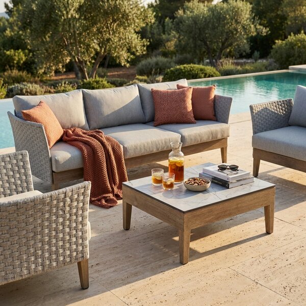 VivaGarden Salotto da Giardino con Divano 3 Posti 2 Poltrone e Tavolino con Cuscini in Alluminio Effetto Rattan colore Marrone/Grigio - Flamengo
